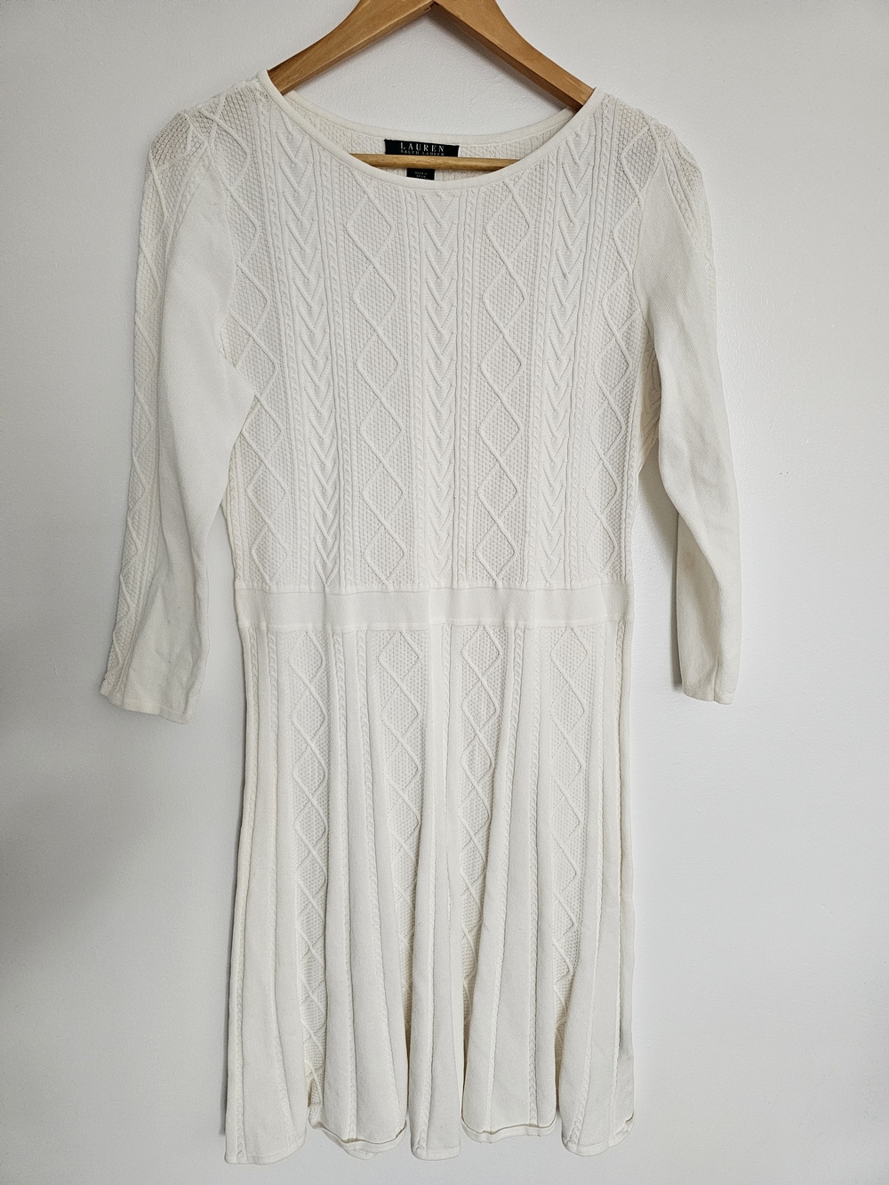 Lauren Ralph Lauren White Cable Knit Long Sleeve Fit-and-Flare Dress Size L